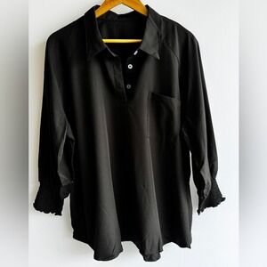 Kistore Black Long Sleeve Blouse Smocked Cuffs Button Front XXL New